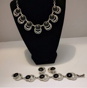 Vintage Sarah Coventry Silver Tone, Black Necklace, Earrings, Bracelet Set